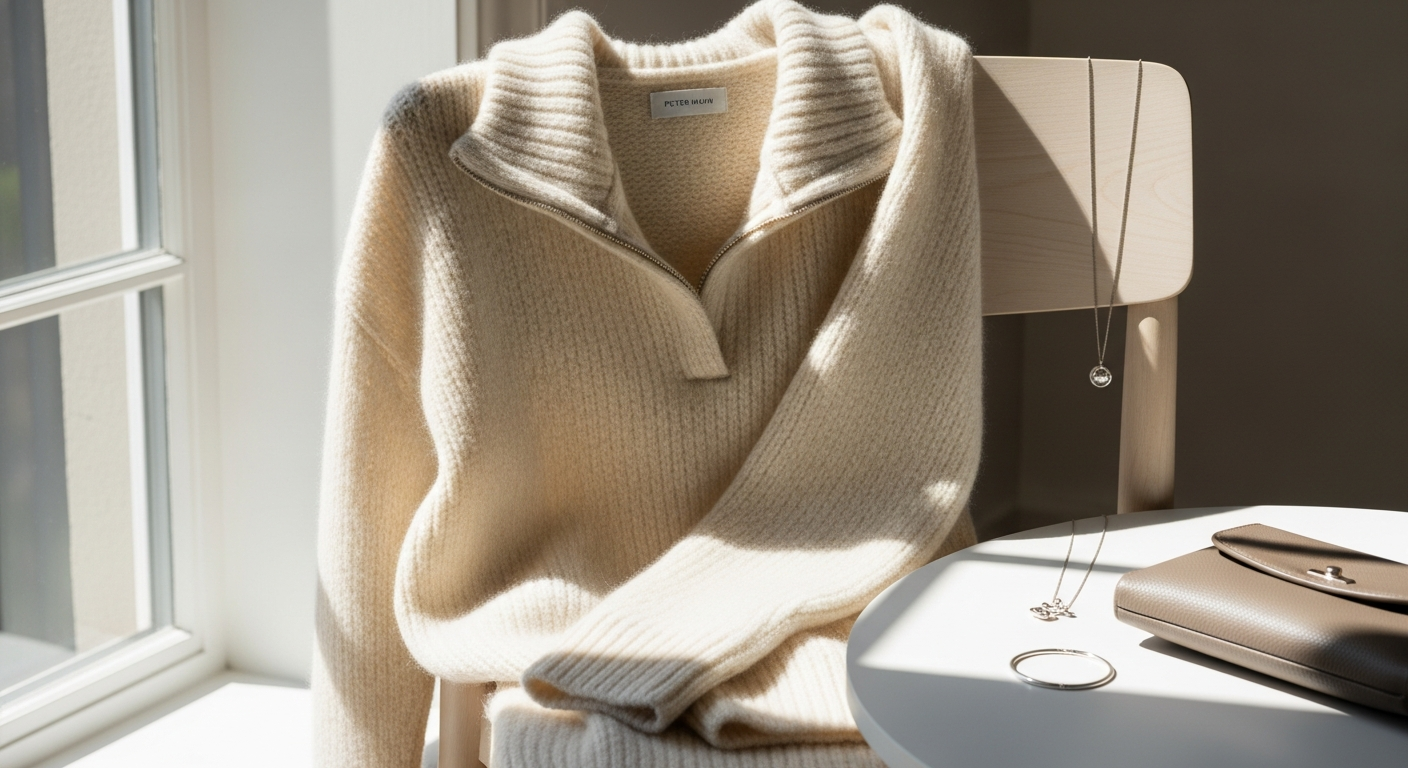 Luxurious Peter Hahn cashmere pullover in neutral tone displayed on elegant background