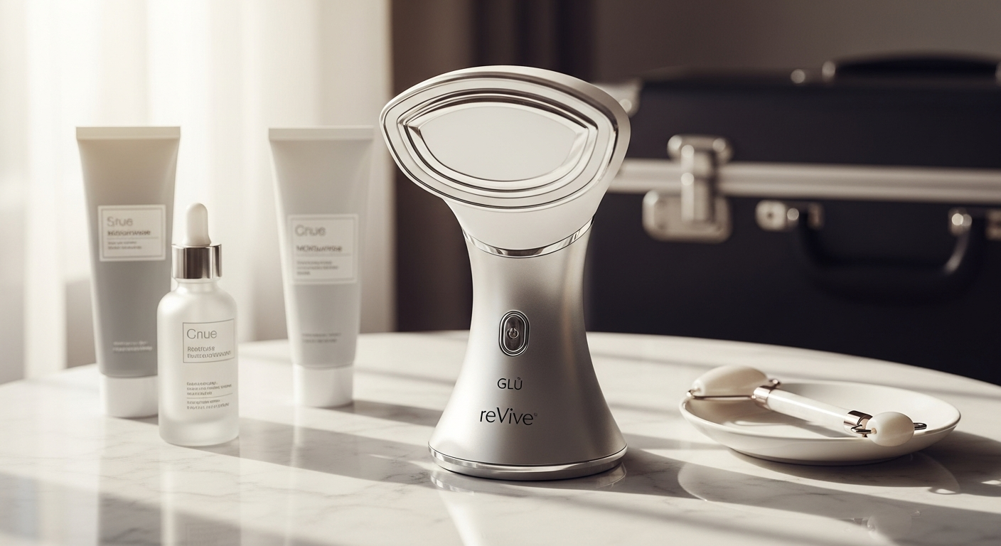 reVive Glō Anti-Aging Acne Device displayed with blue and red LED lights active