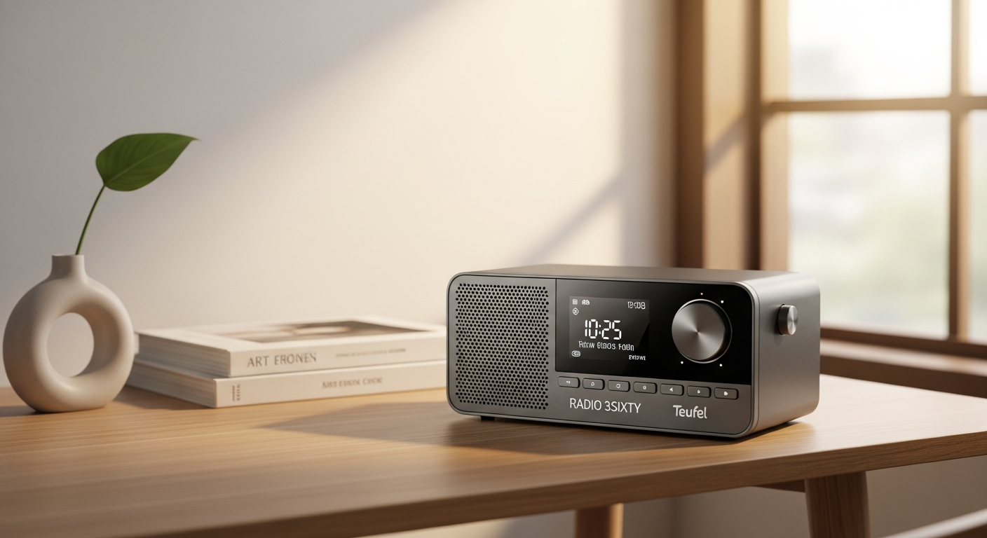 Teufel RADIO 3SIXTY smart radio with 360-degree sound technology displayed on shelf