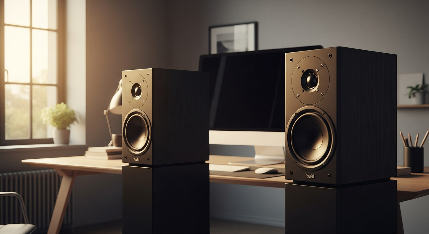 Teufel ULTIMA 40 floorstanding hi-fi speakers in black finish positioned in modern living room