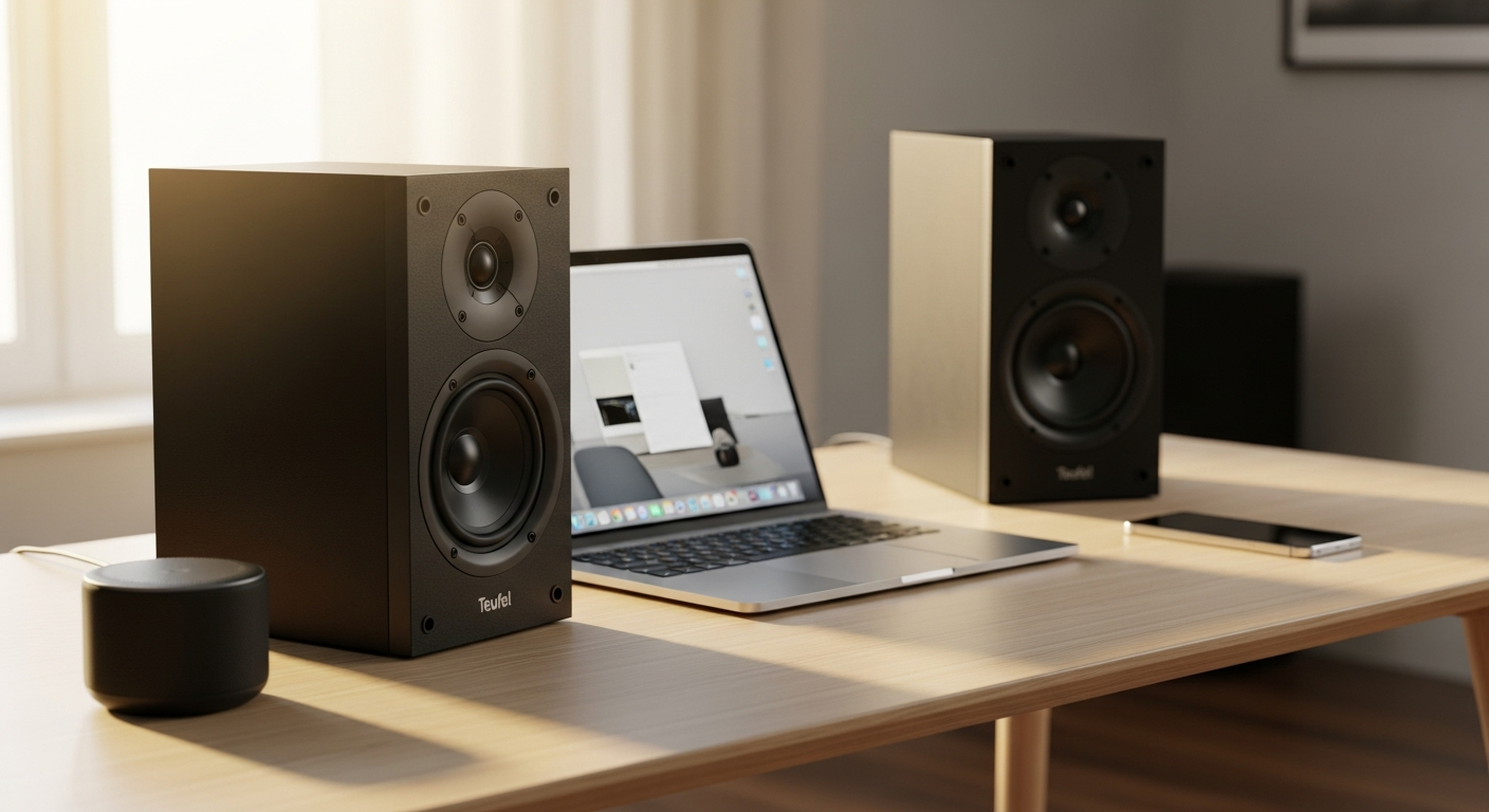 Teufel Ultima 40 floorstanding speakers in black finish positioned in modern living room