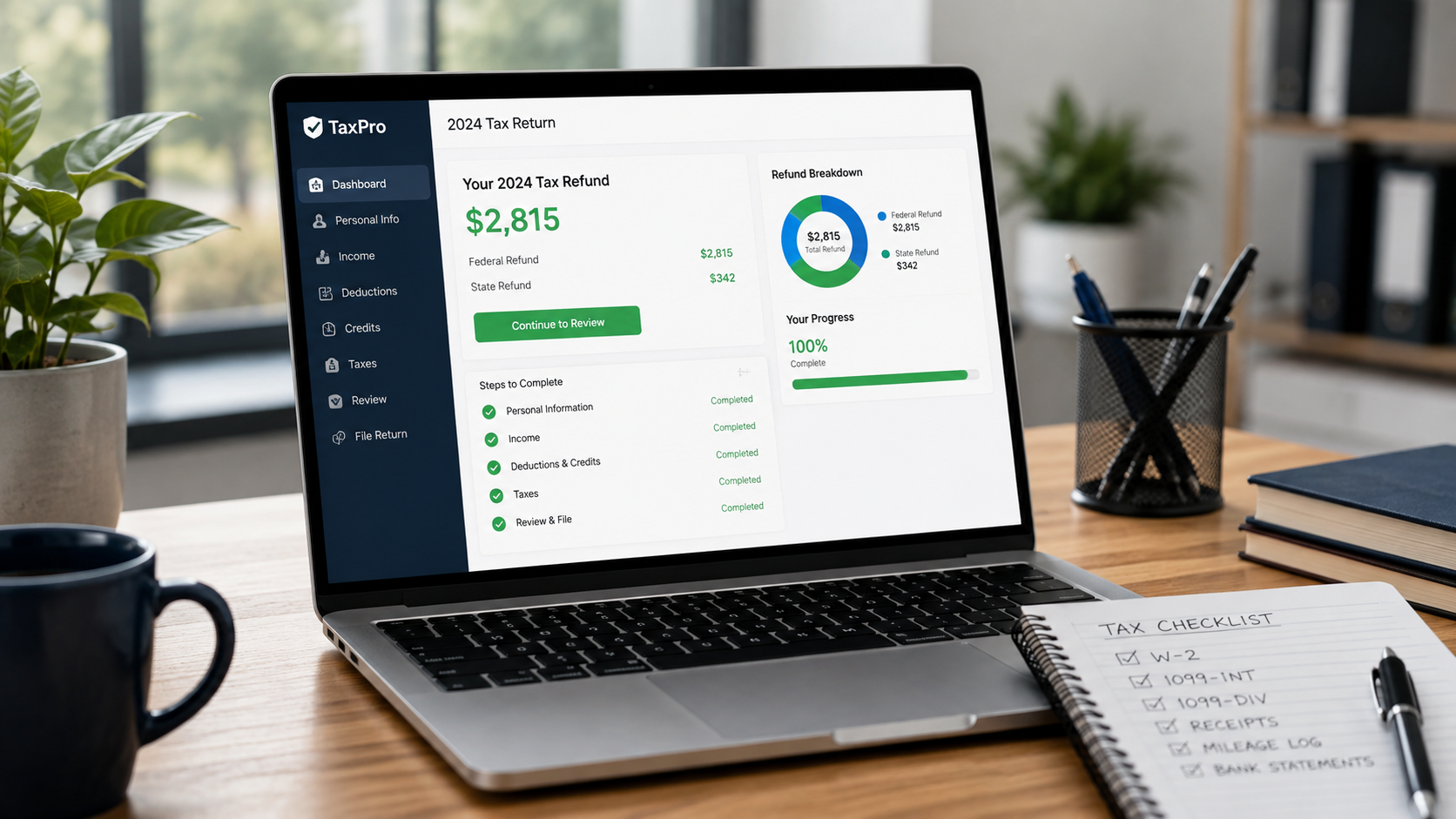 Tax preparation software displayed on a laptop with refund details and a tax filing checklist in a modern home office.