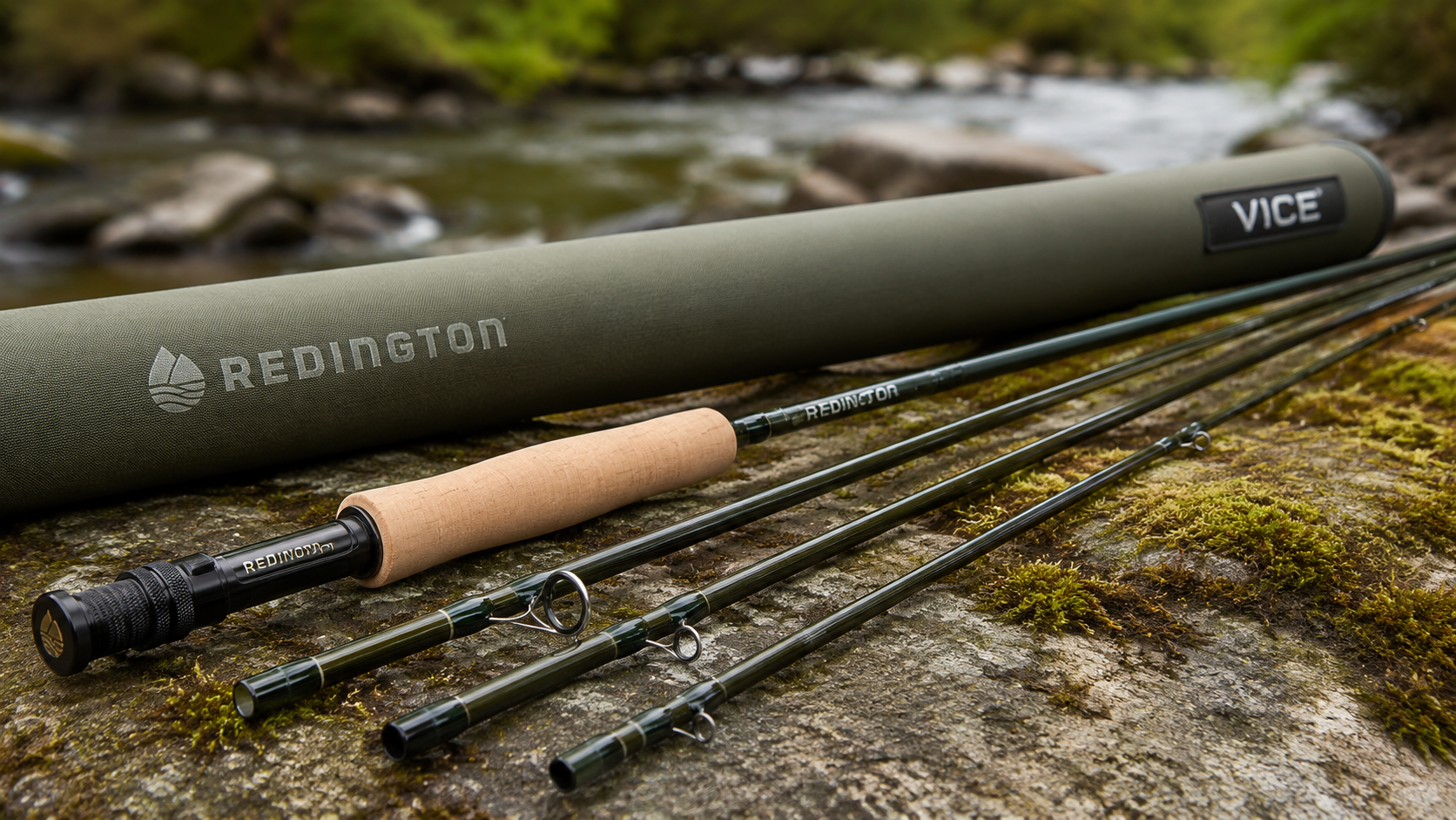Redington Vice fly rod with cork handle and protective tube displayed on a riverside rock, showcasing the versatile freshwater fly fishing rod in a natural outdoor setting.