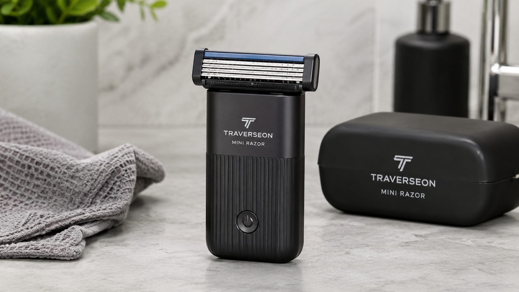 Traverseon Mini Razor compact electric travel shaver with charging case on a modern bathroom countertop, portable men's grooming razor for travel and daily use.