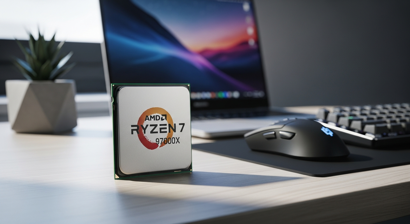 AMD Ryzen 7 9700X processor chip on circuit board with cooling solution