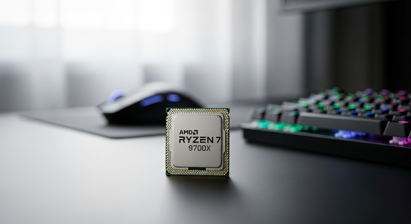 AMD Ryzen 7 9700X processor chip on circuit board background