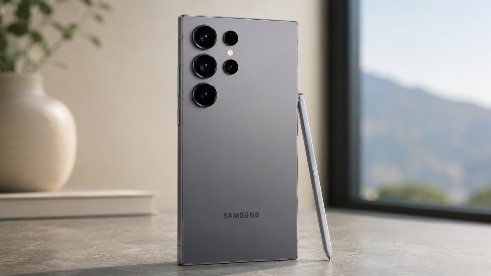 Galaxy S26 Ultra smartphone in titanium gray with S Pen standing beside it on a modern tabletop in a premium minimalist setting