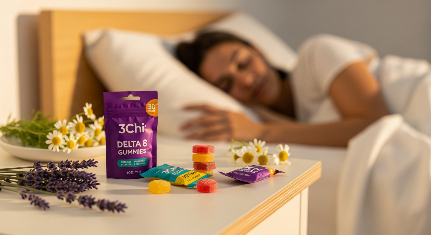 3Chi Delta 8 THC gummies in various flavors displayed with hemp leaves and wellness imagery