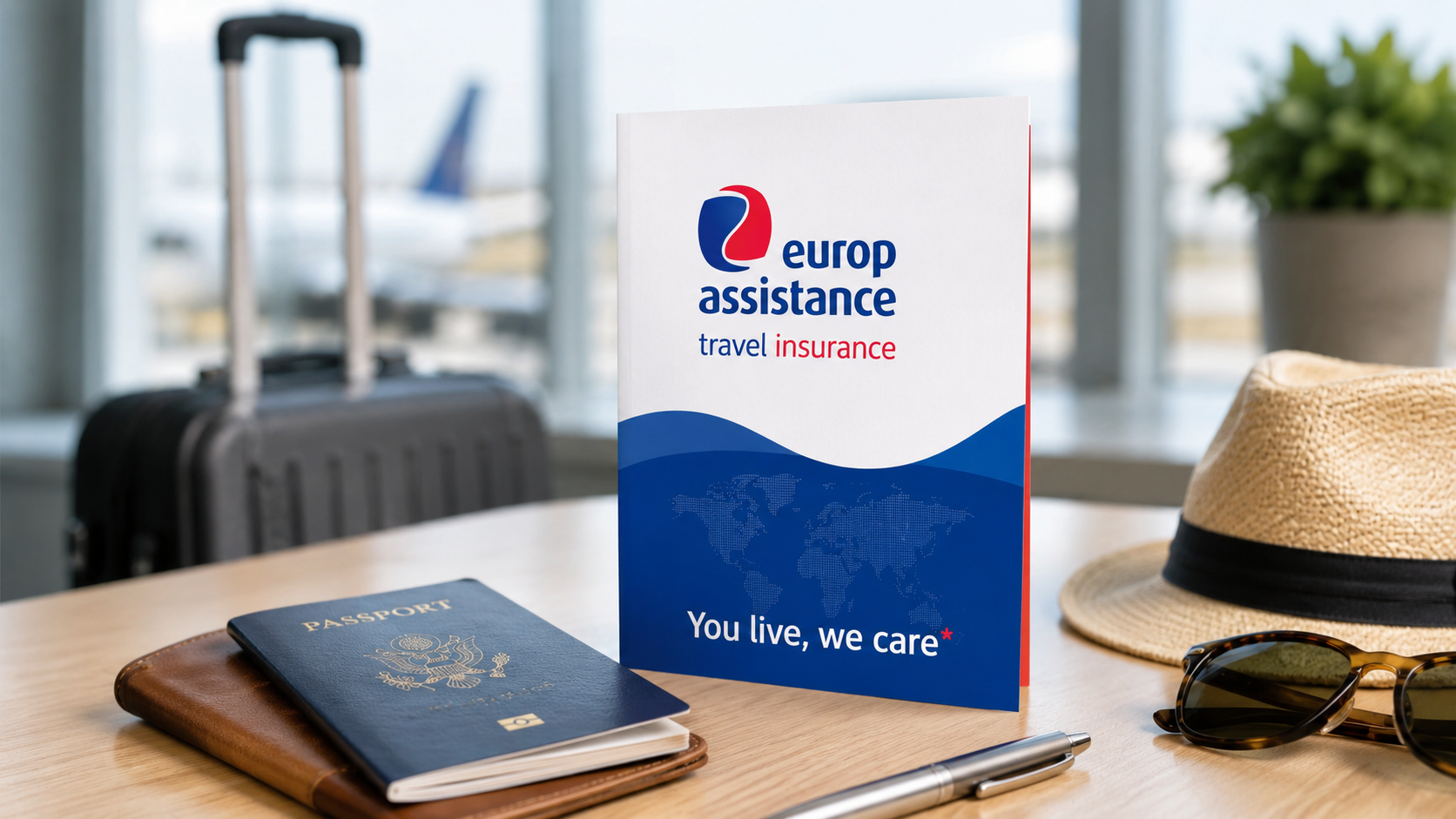 Europ Assistance Travel Insurance brochure displayed with a passport, wallet, sunglasses, hat, pen, and suitcase on a table at an airport, symbolizing travel protection and trip preparation.