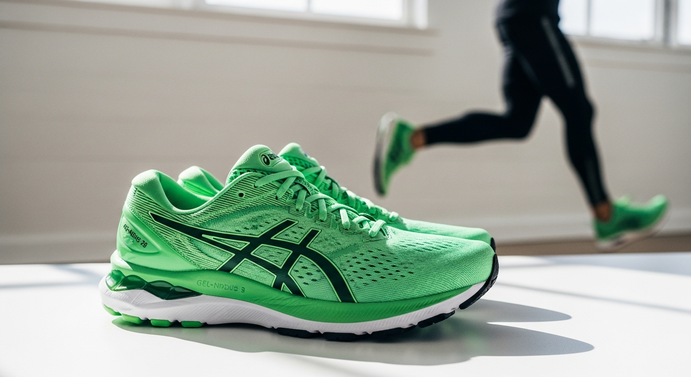 ASICS Gel-Nimbus 28 green running shoes displayed on white background showing cushioned midsole