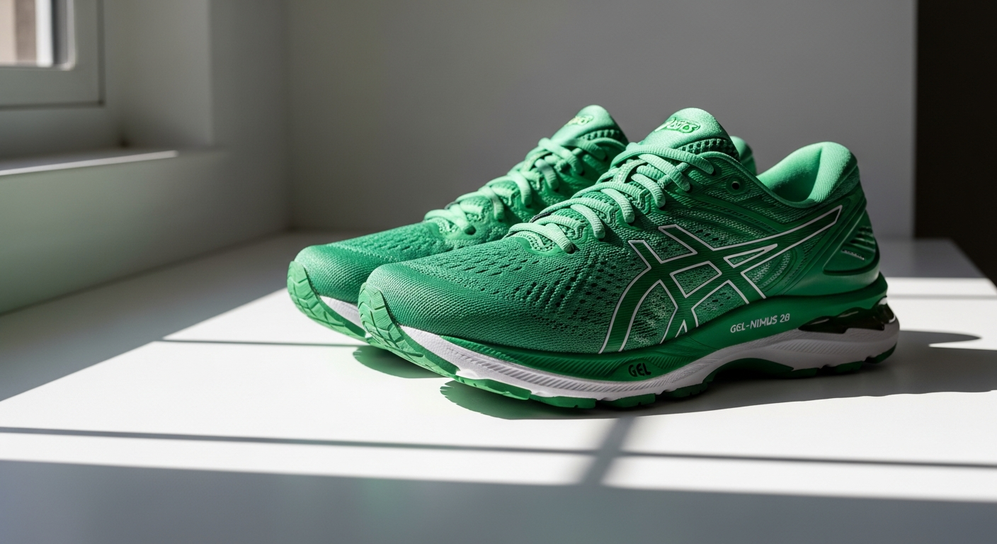 Asics Gel-Nimbus 28 Verde green running shoe displayed on white background