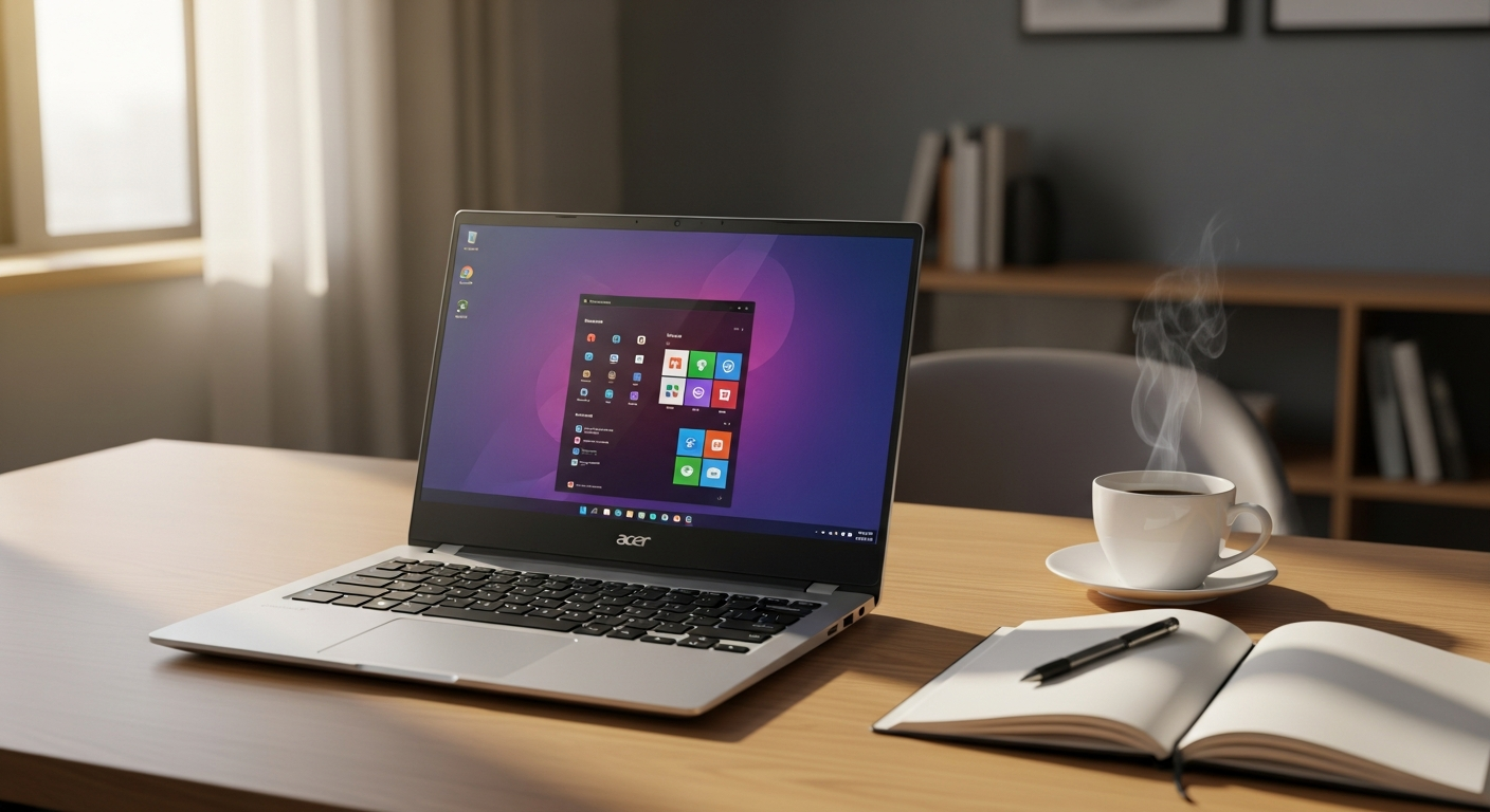Acer Aspire 14 AI Copilot+ PC laptop displayed on desk with professional workspace setup