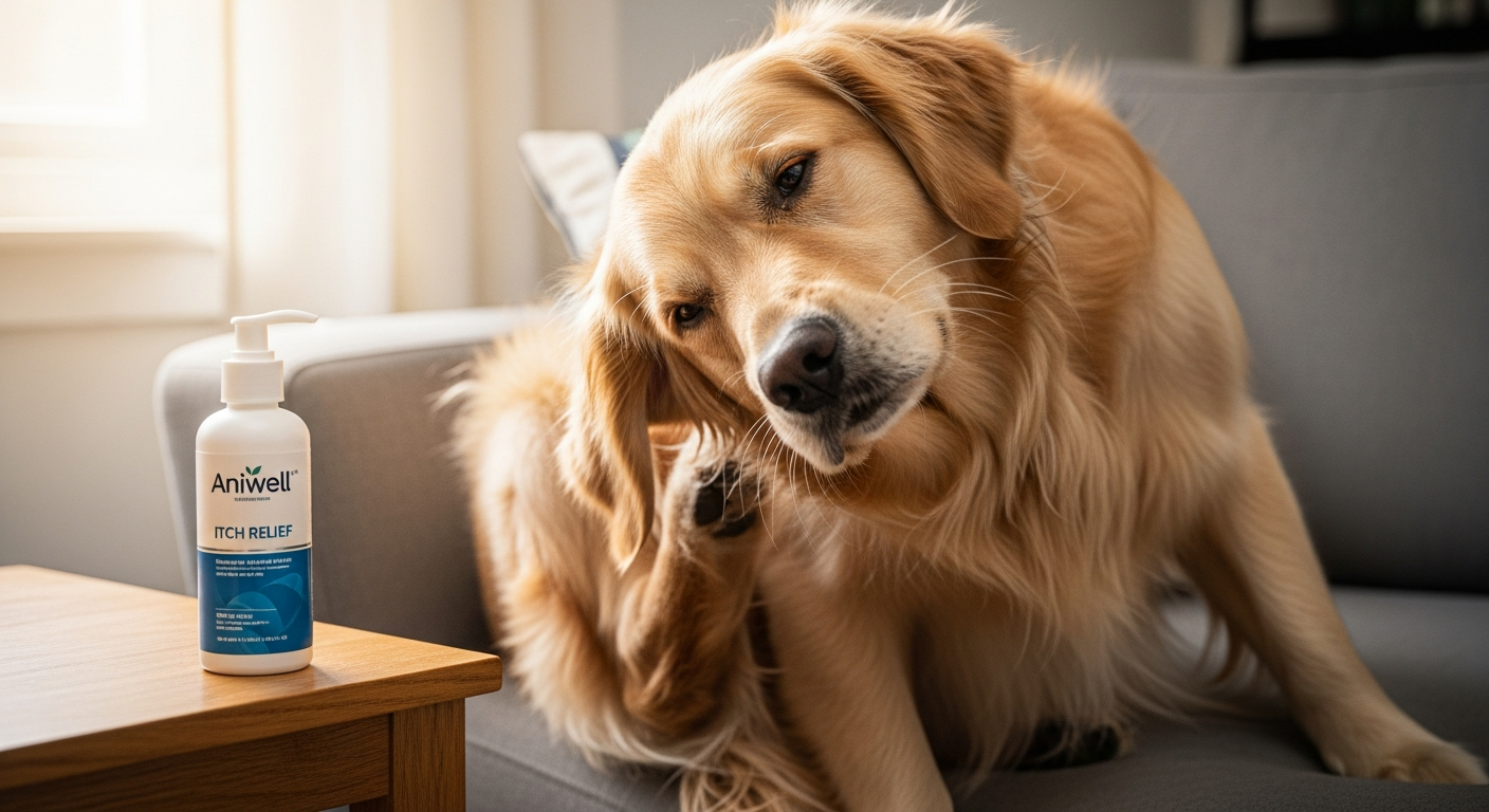 Golden retriever scratching its fur with visible skin irritation and redness