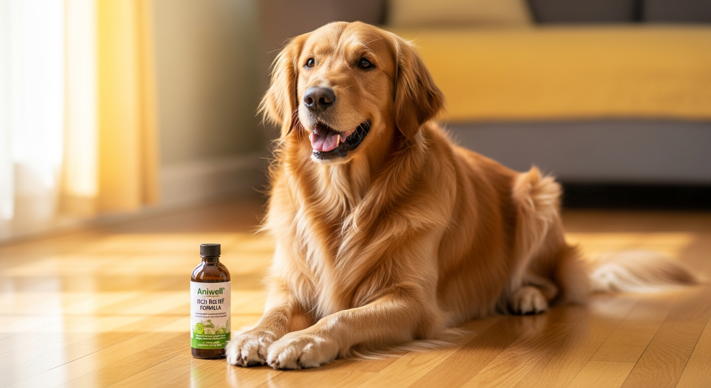 Golden retriever dog scratching its fur due to skin irritation and itching