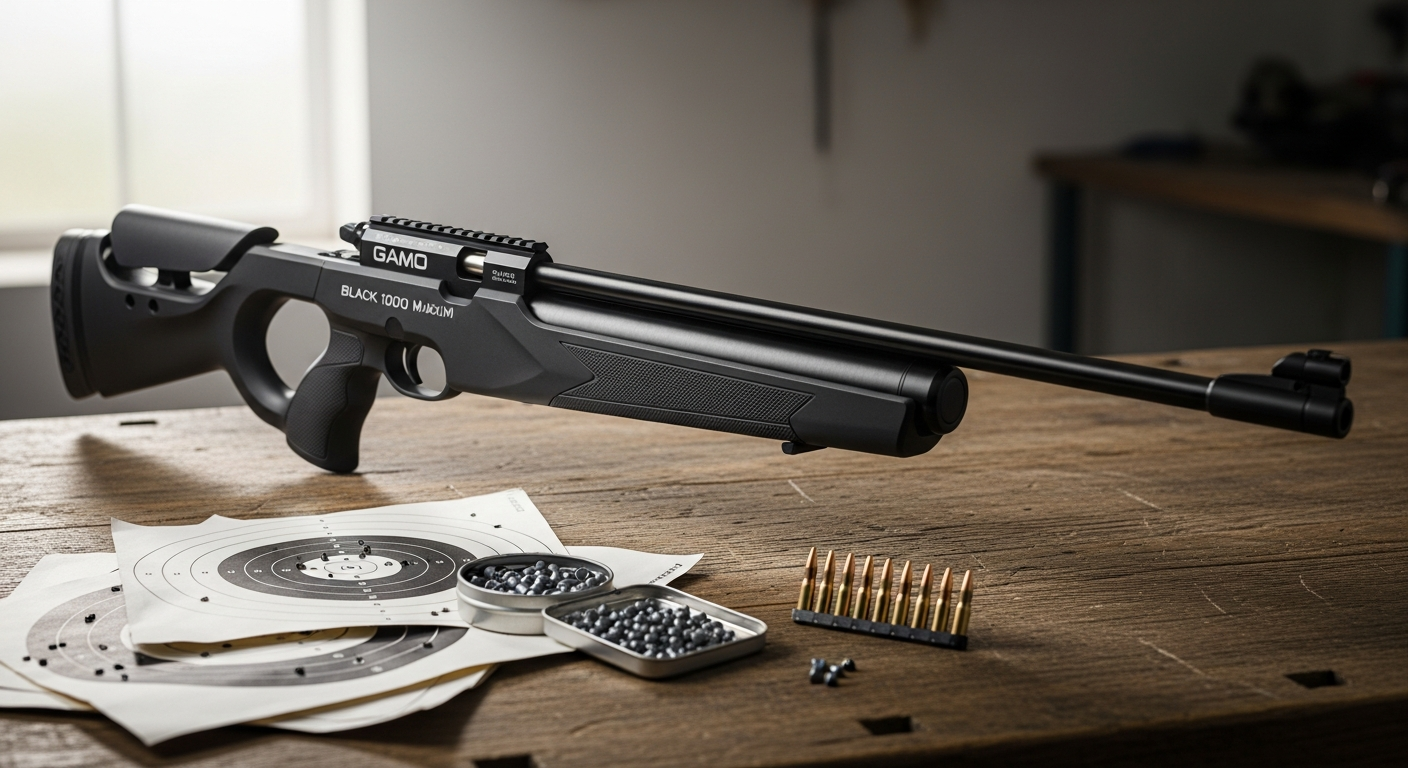 Gamo Black 1000 Maxxim air rifle with Whisper Maxxim suppression system displayed