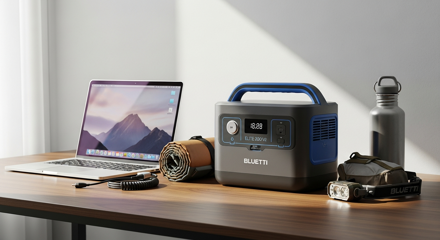BLUETTI Elite 200 V2 portable power station with solar panels in outdoor camping setting