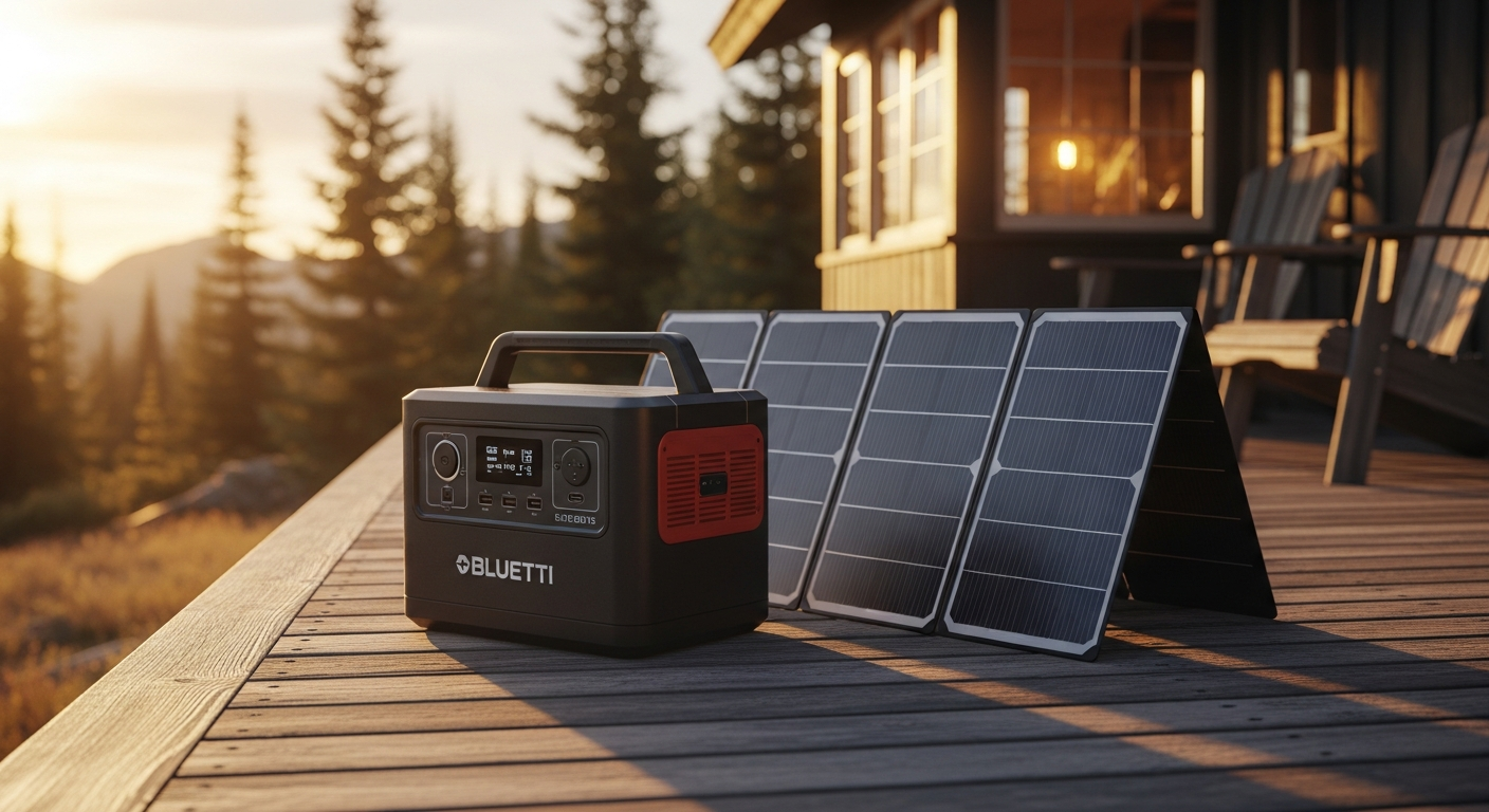 BLUETTI Elite 200 V2 portable power station with solar panels in remote cabin setting