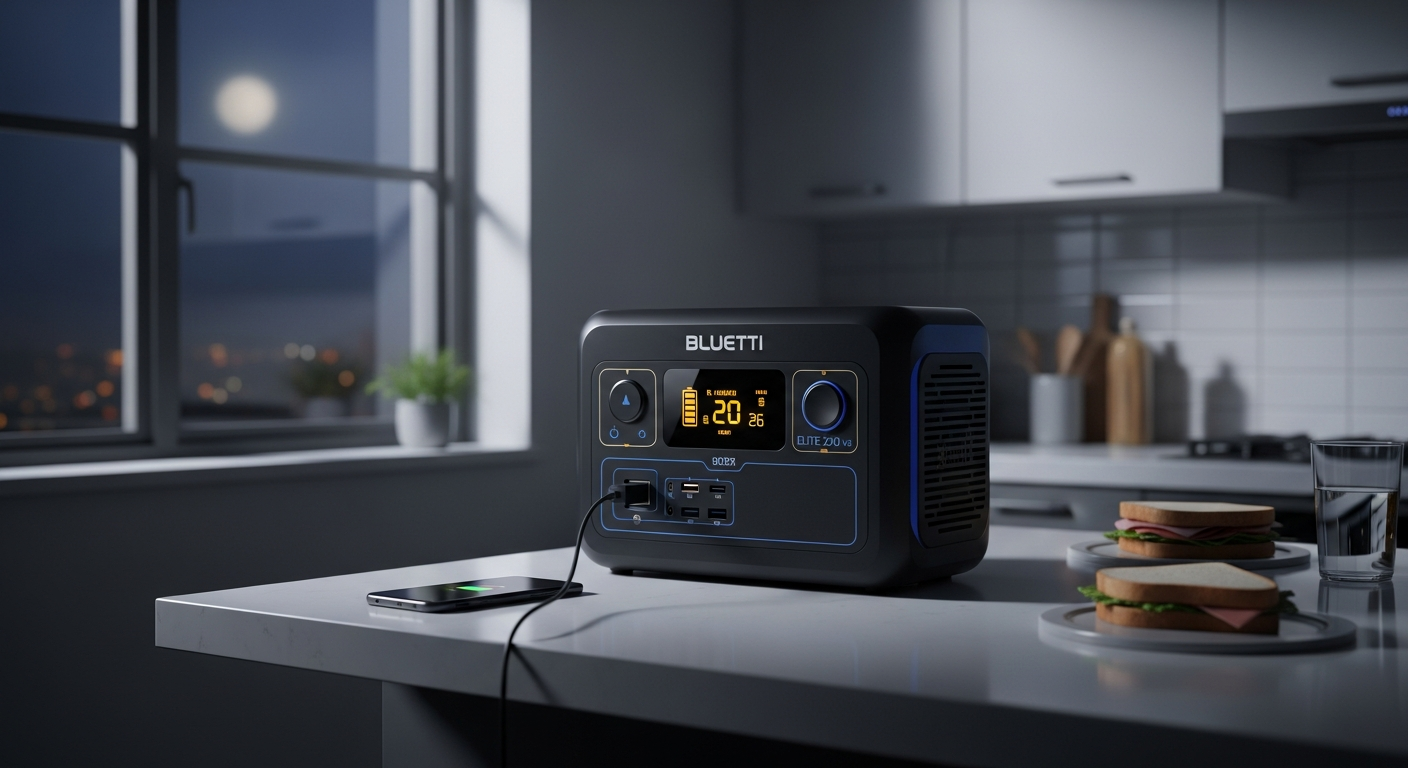 Bluetti Elite 200 V2 portable power station with solar panels and home backup setup