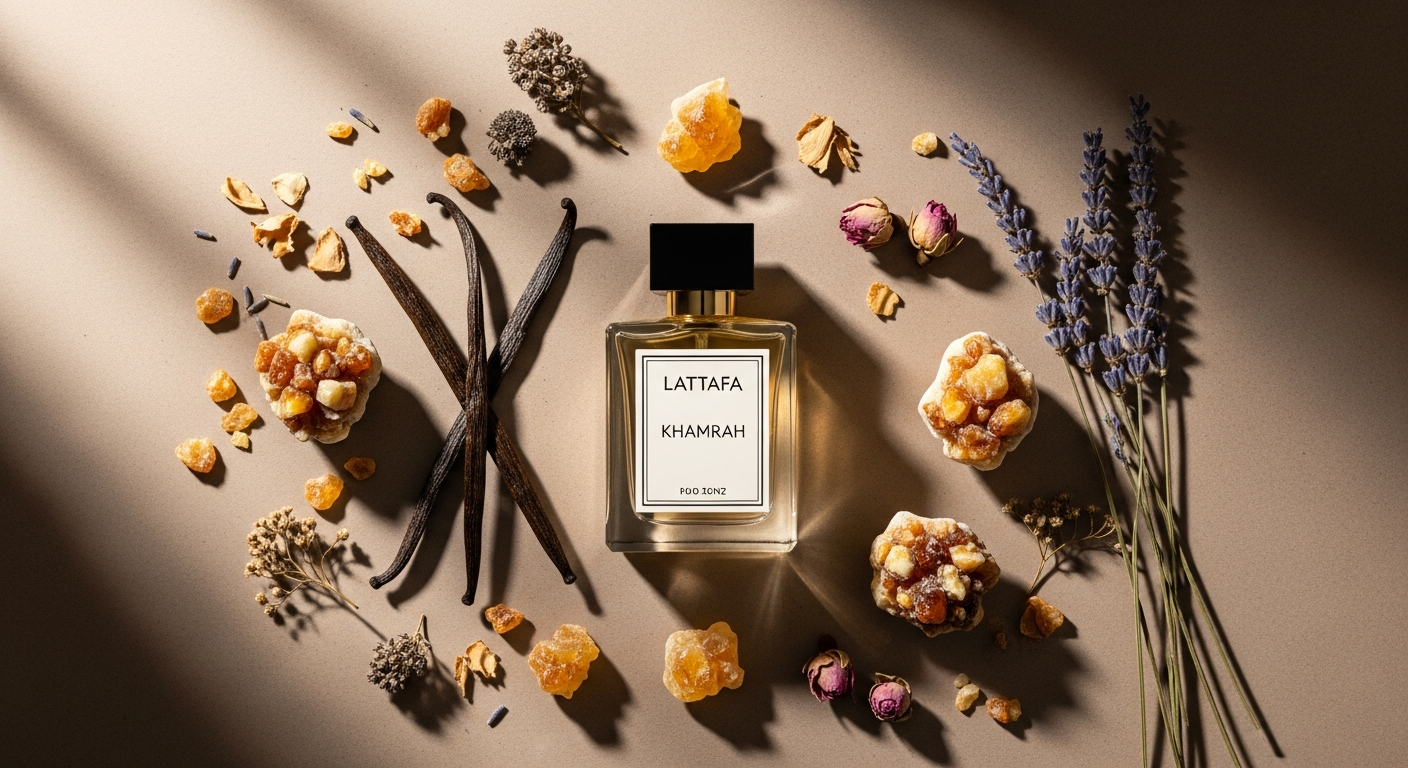 Lattafa Khamrah unisex gourmand perfume bottle with crystal design and packaging