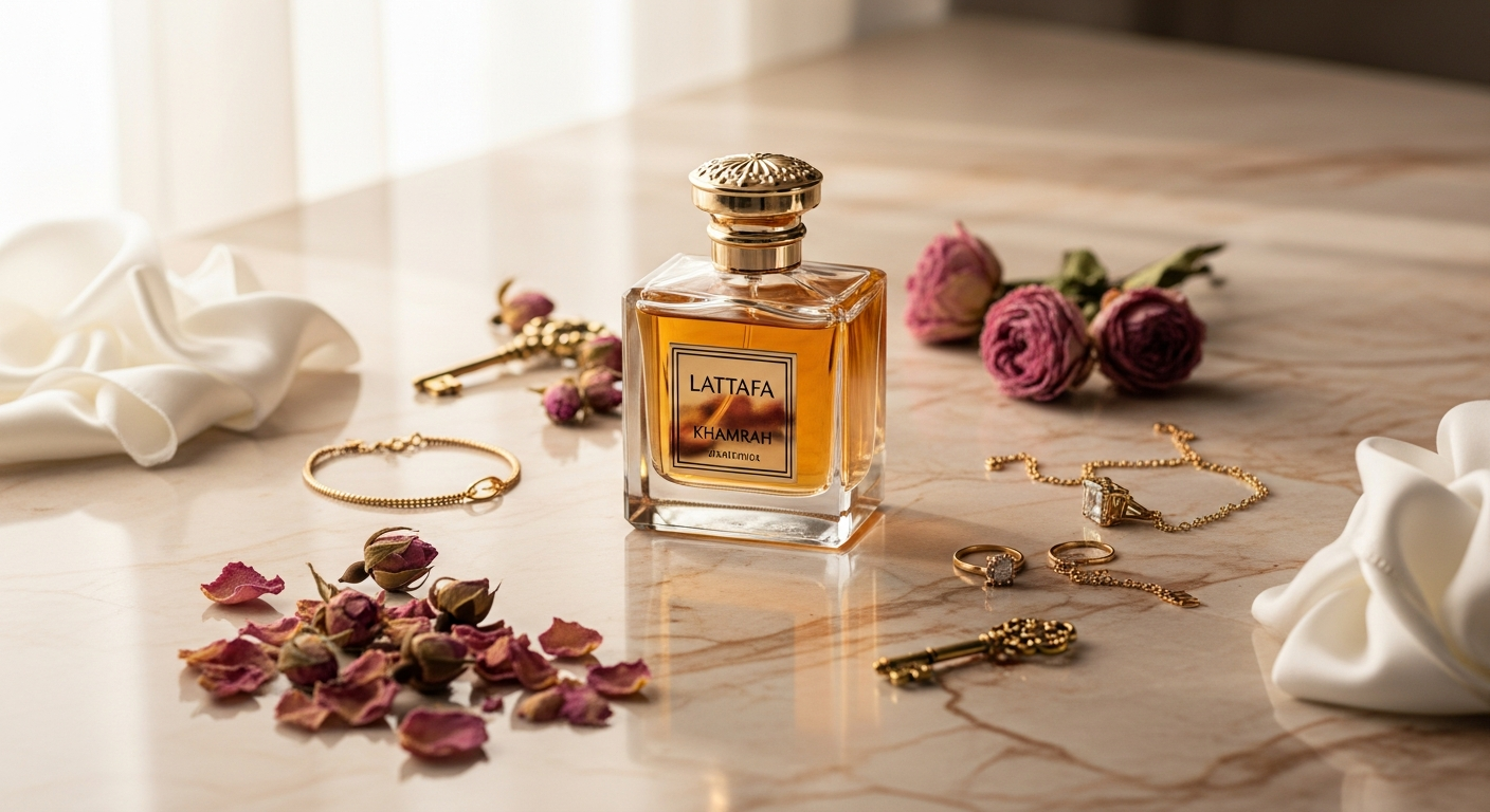 Lattafa Khamrah unisex gourmand perfume bottle with gold accents and crystal-style design