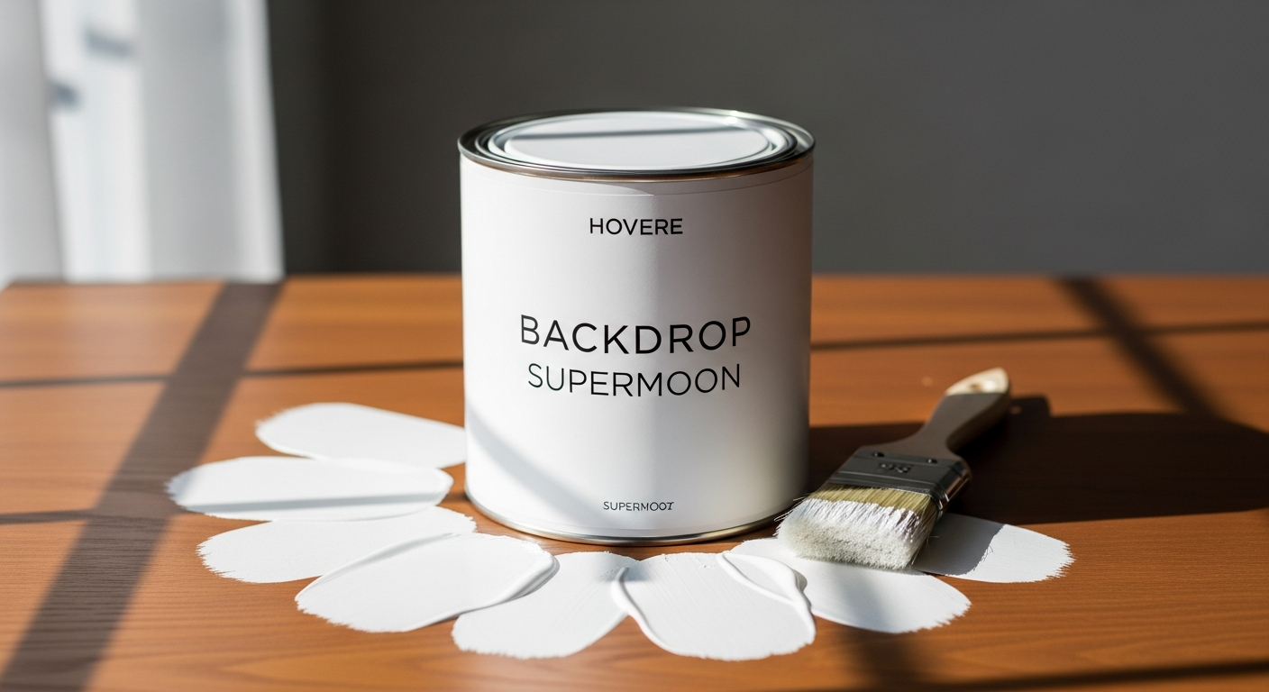 Backdrop Supermoon pure white interior paint can with minimalist room setting