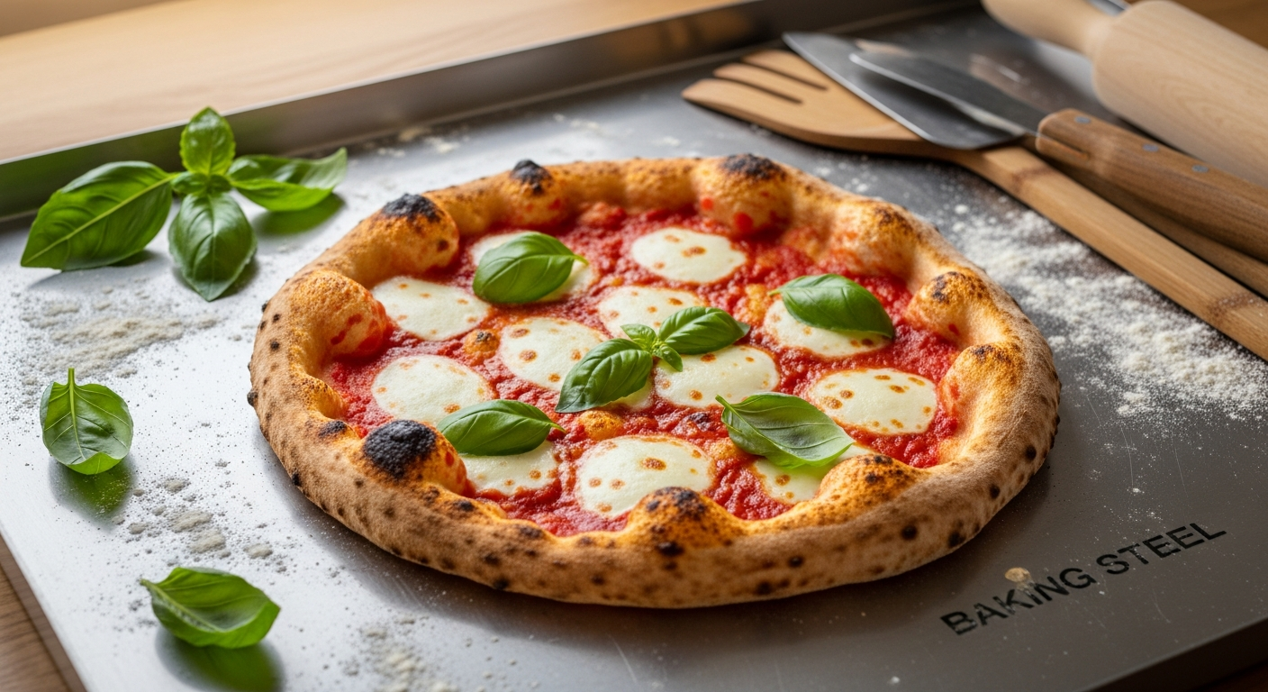 Original Baking Steel pizza surface with leopard-spotted crust in home oven