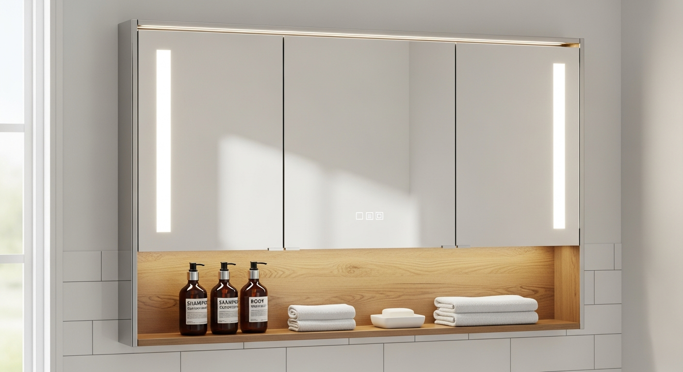 Modern smart LED bathroom mirror cabinet with integrated lighting and storage shelving
