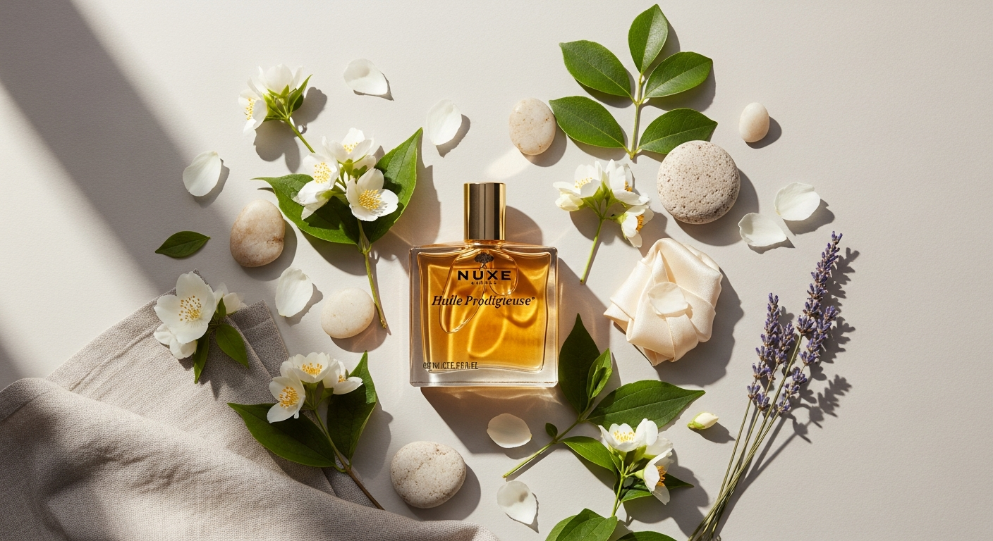 Nuxe Huile Prodigieuse golden dry oil bottle with botanical ingredients displayed