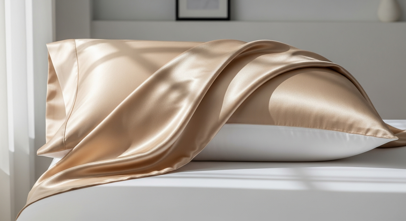 Bedsure satin pillowcase displayed on bed showing smooth texture and envelope closure design