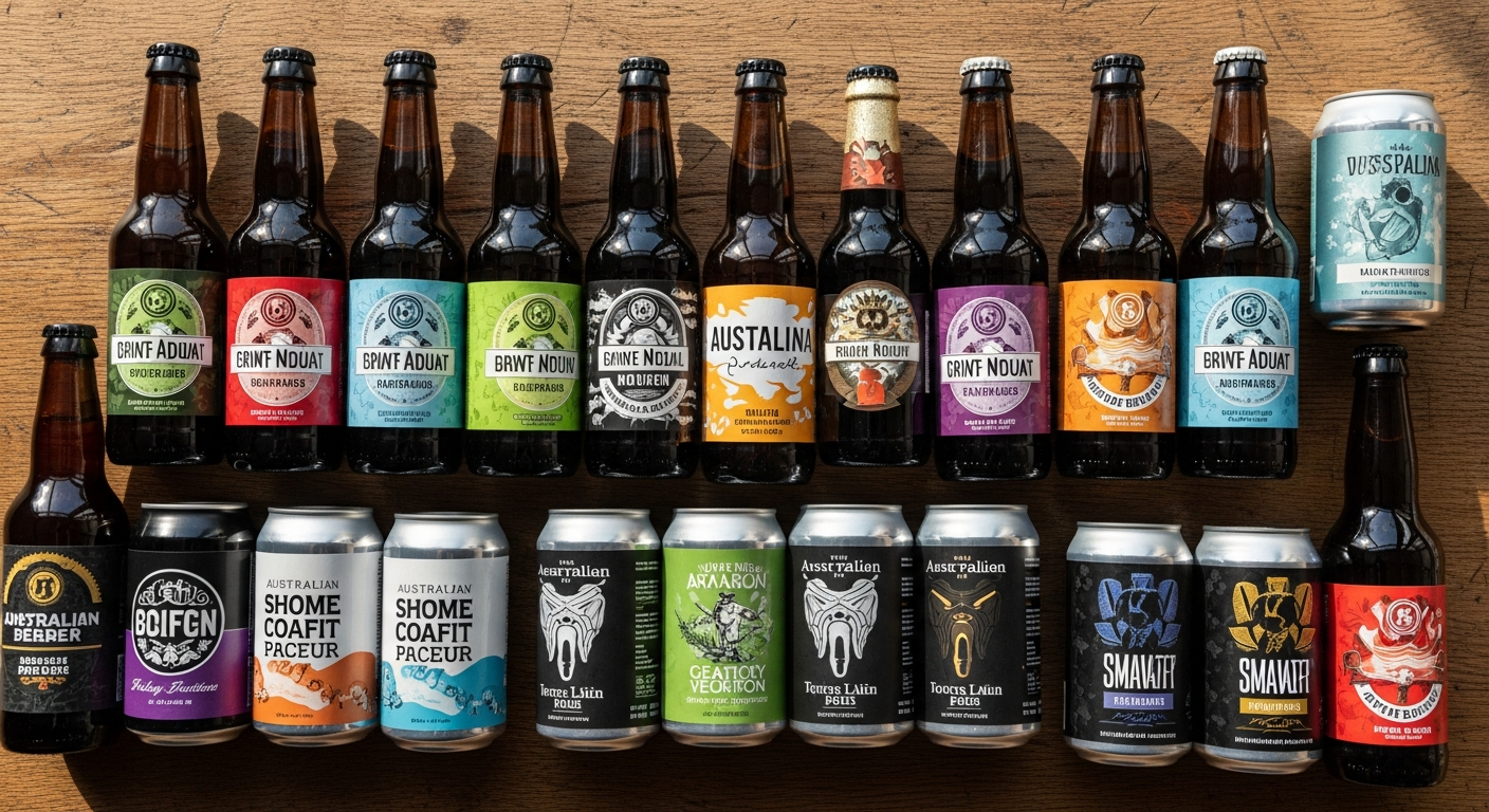 Colorful assortment of 24 Australian craft beer cans and bottles displayed together