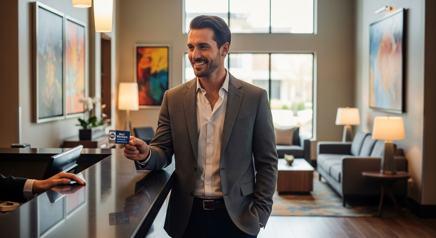 Business traveler checking into Best Western hotel while earning loyalty rewards points