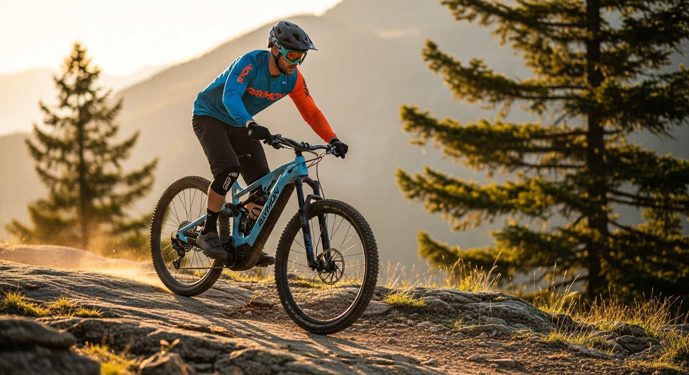 RAYMON Trailray 150 Pro E-MTB full suspension mountain bike on technical rocky trail