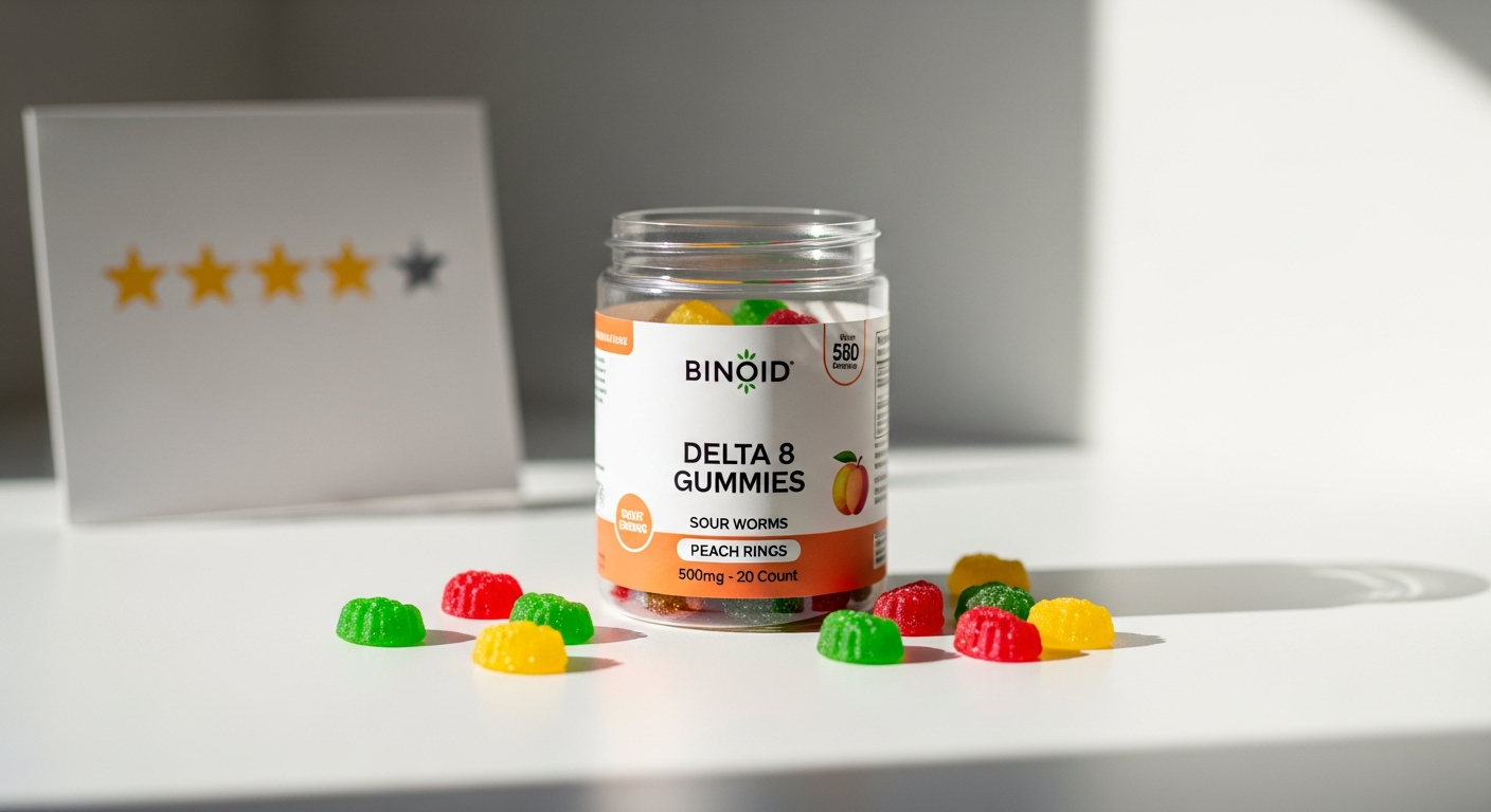 Binoid Delta 8 THC gummies in green apple, peach, and strawberry flavors displayed in product bottles