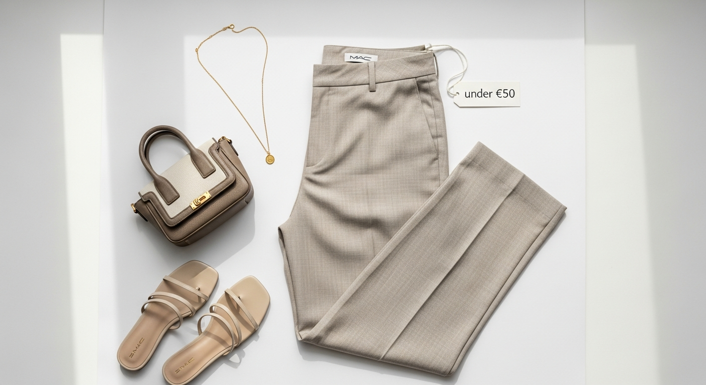 MAC Chiara Trousers Motif in neutral color displayed on model wearing designer discount trousers