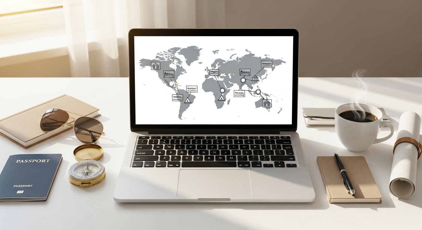 Global online accommodation booking service platform interface showing property listings and search filters