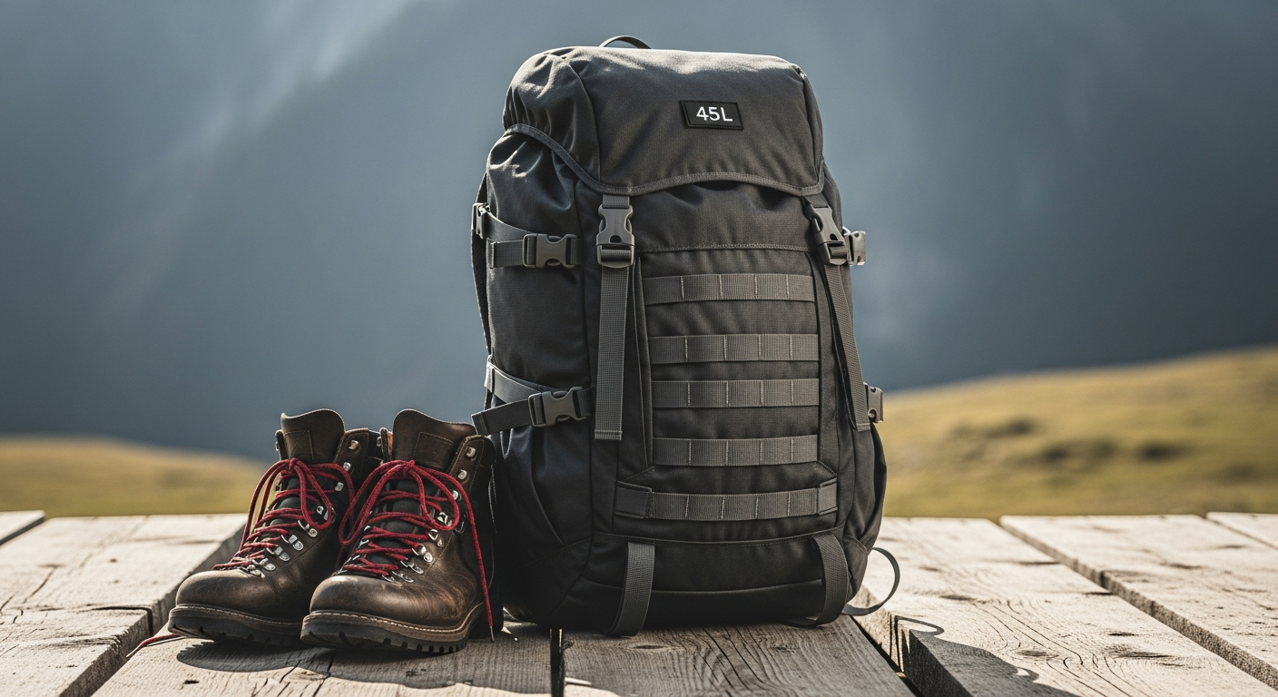Built For Athletes Pro Series 45L backpack with clamshell opening displayed in travel setting