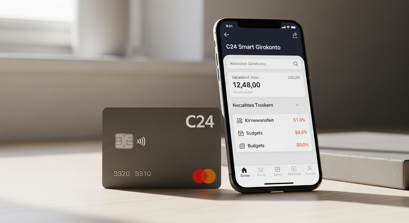 C24 Smart Girokonto account interface showing Pockets budgeting feature and Mastercard Debit Card