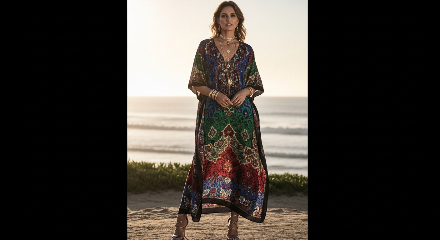 Camilla Silk Kaftan styled for resort elegance and evening sophistication