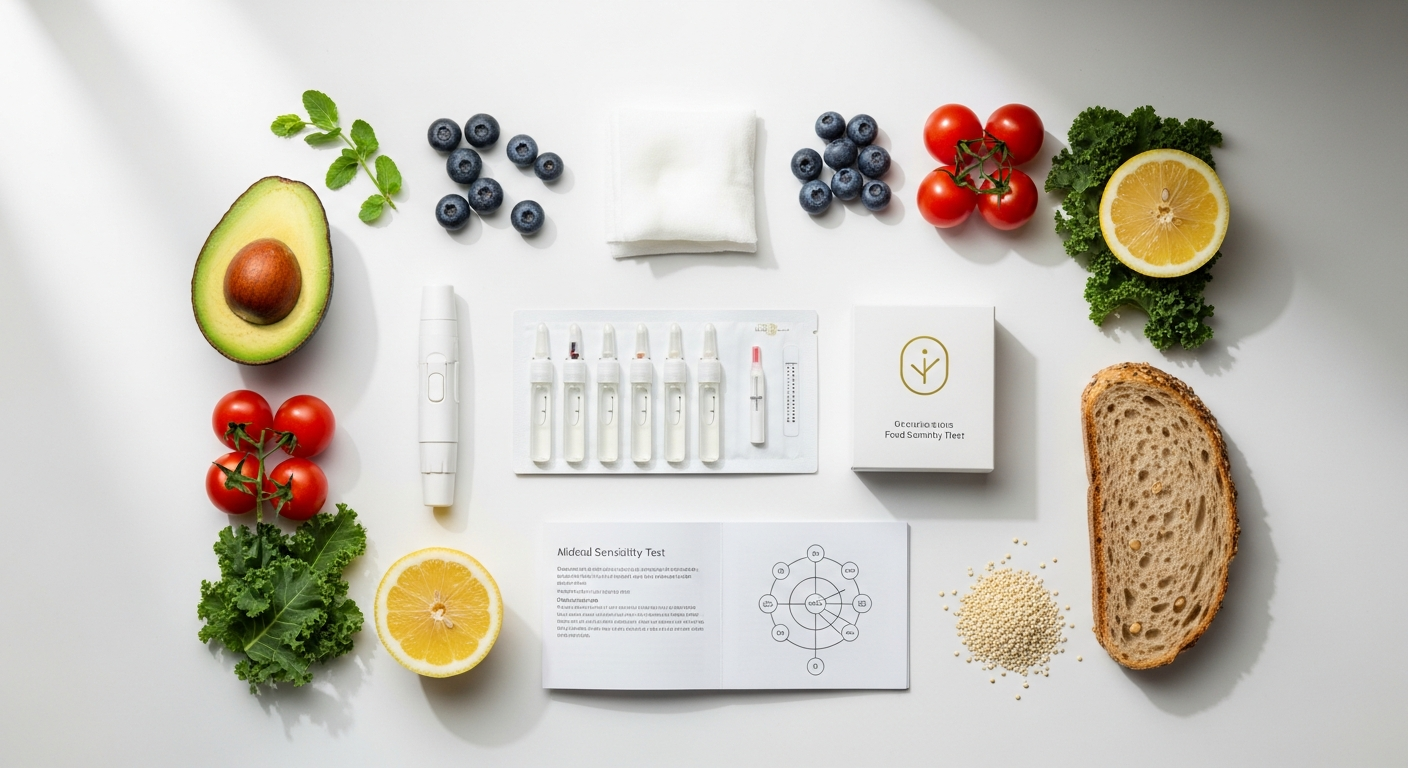 Complete food sensitivity test kit with hair sample collection materials and bioresonance analysis report