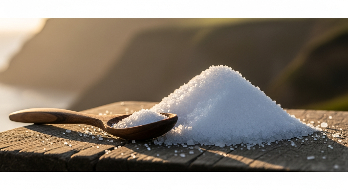 Premium Cornish sea salt crystals in a rustic ceramic bowl with ocean backdrop