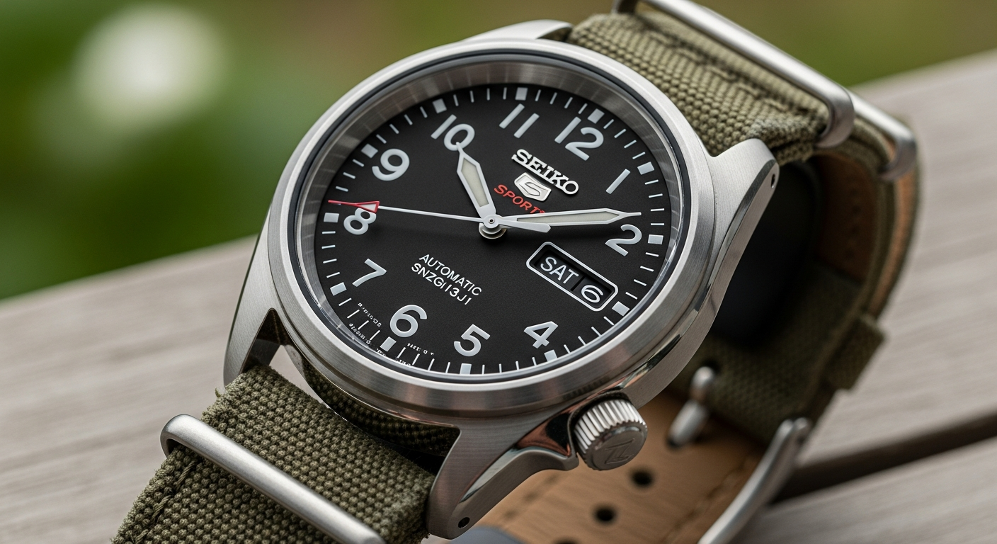 Seiko 5 Sports SNZG13J1 automatic field watch with black dial and stainless steel case