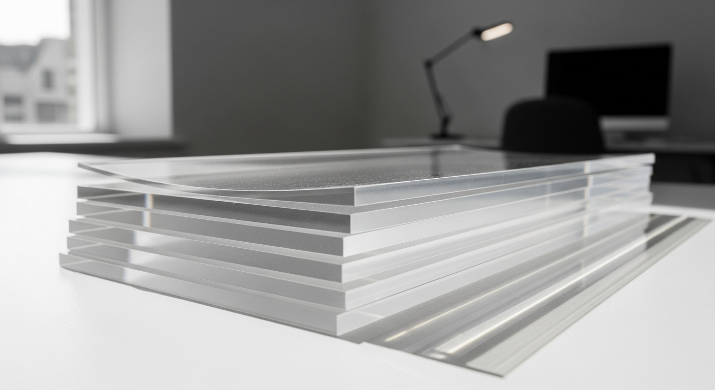Custom cut clear acrylic sheets displayed with precision cutting equipment and finished panels
