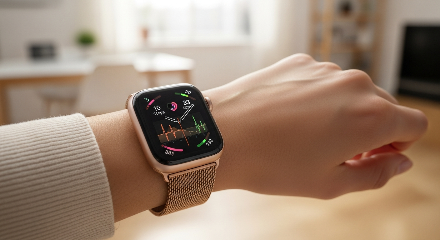 Apple Watch Series 10 smartwatch displaying health metrics on vibrant OLED screen