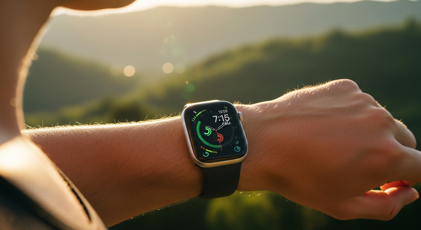 Apple Watch Series 10 GPS 46mm Jet Black smartwatch displaying fitness metrics on bright Retina display