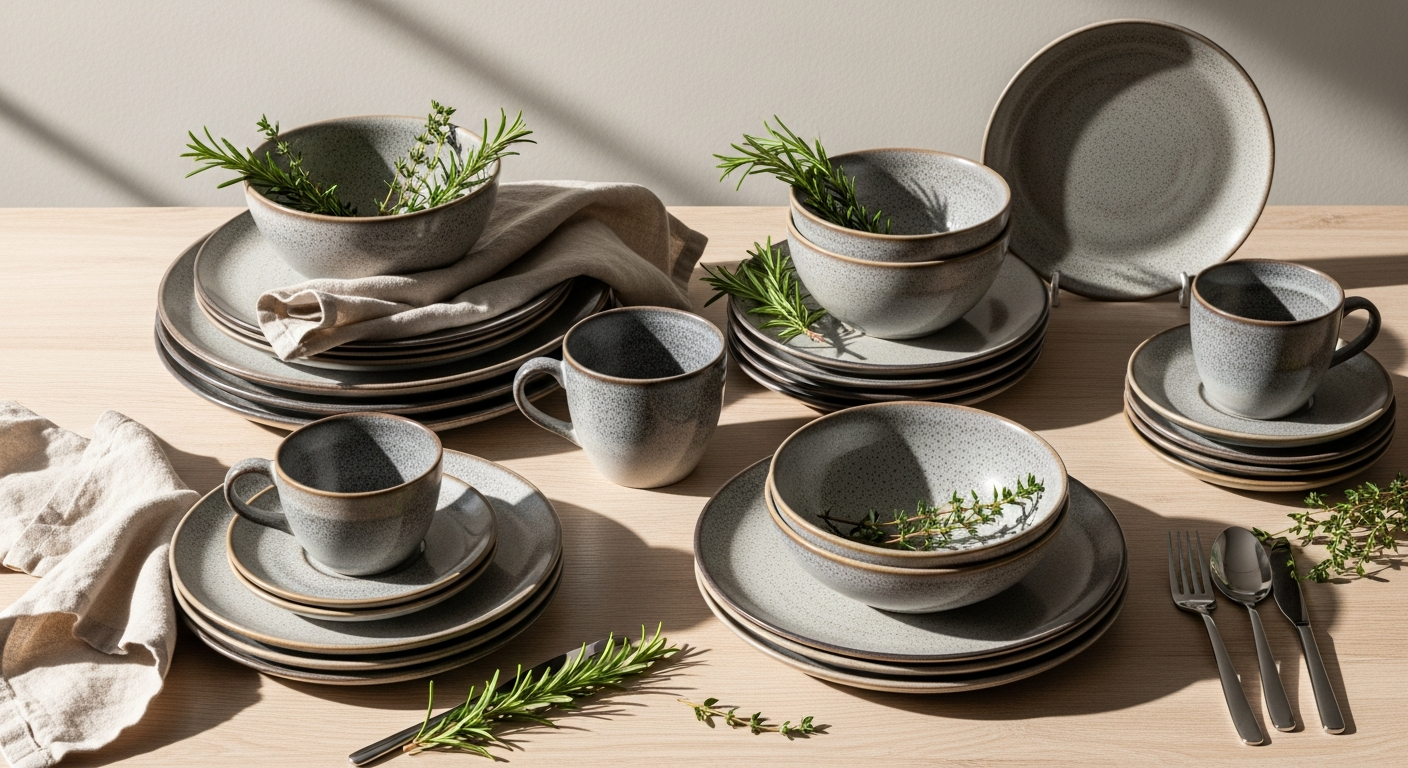 Denby Halo dinnerware collection featuring hand-glazed two-tone stoneware plates and bowls