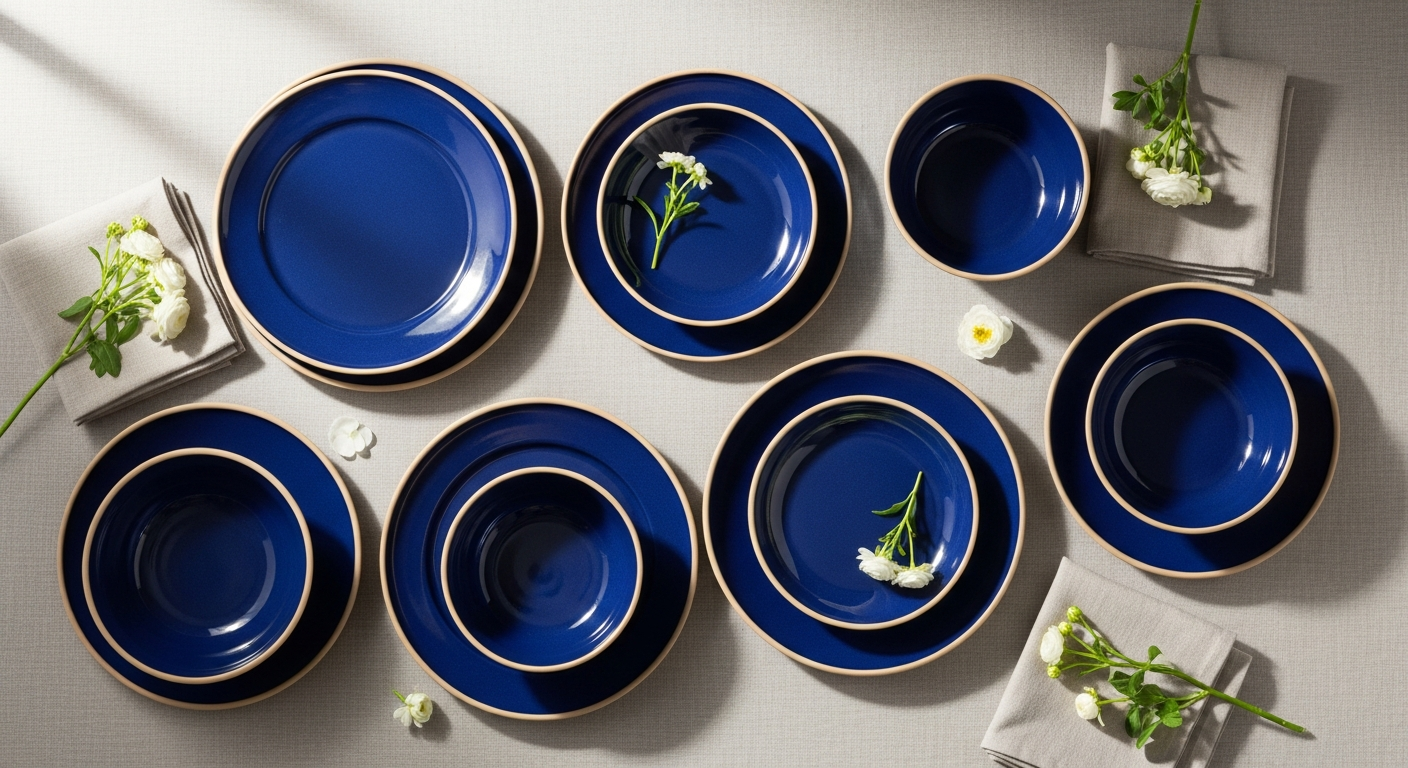 Denby Imperial Blue 12-piece dinnerware set with cobalt blue and white coupe plates and bowls