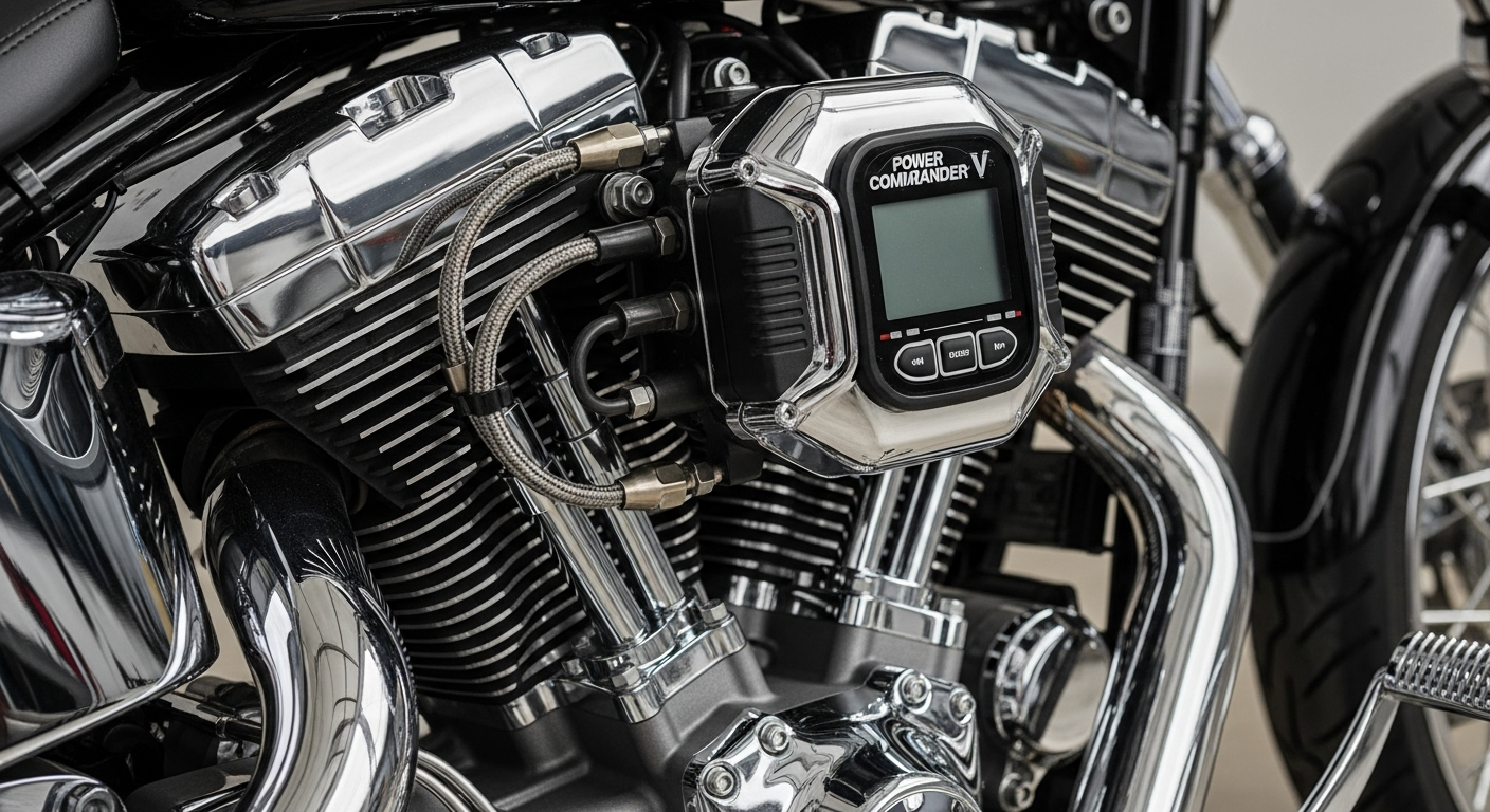 Dynojet Power Commander V fuel tuner mounted on motorcycle engine