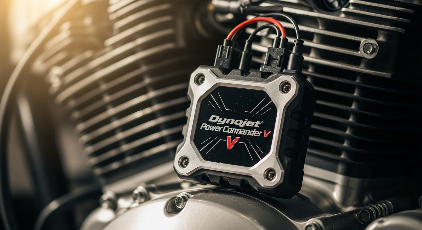 Dynojet Power Commander V fuel tuner device mounted on motorcycle engine