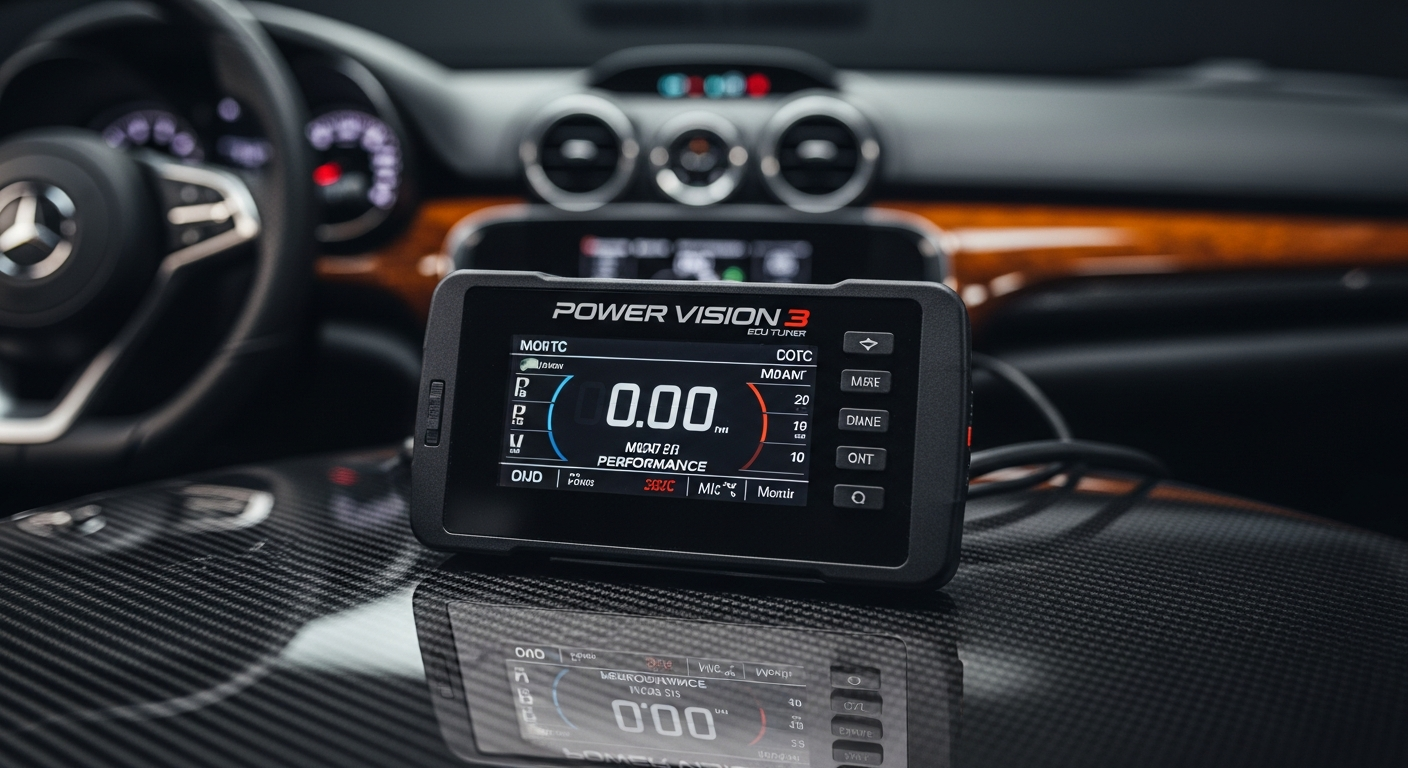 Dynojet Power Vision 3 ECU tuner device mounted on UTV dashboard displaying real-time engine diagnostics