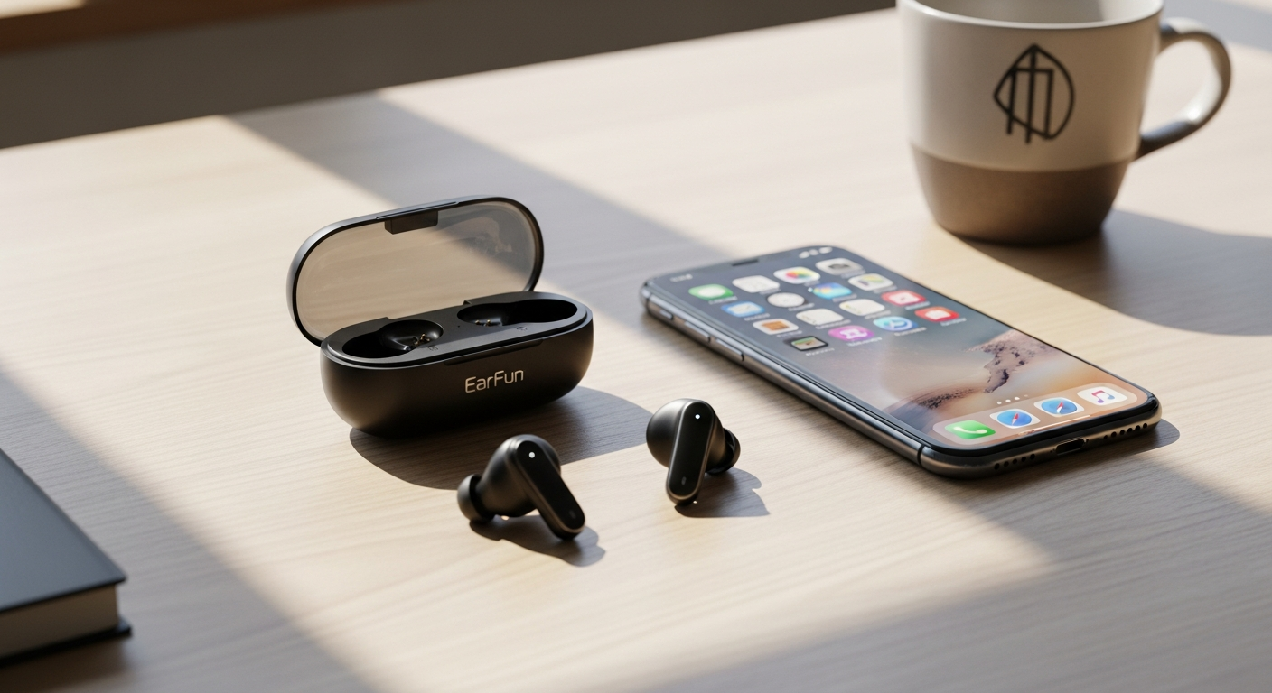 EarFun Air Pro 4+ Hi-Res Adaptive ANC earbuds in charging case with product packaging
